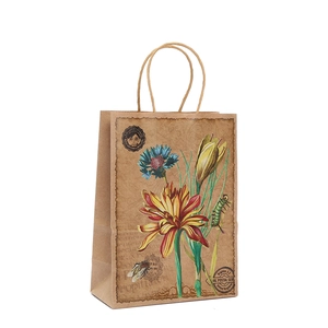 Vintage floral kraft paper gift bag with botanical illustrations and twisted rope handles