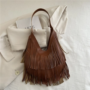 Vintage braune Hobo-Schultertasche mit Bohème-Fransen für Damen, neues Design