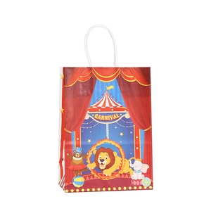 Circus themed kraft paper gift bag with carnival animal prints and white rope handles