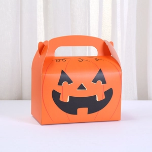 Halloween gift box with orange pumpkin face pattern and portable handle for candy storage