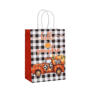 Hello Pumpkin buffalo check gift bag with vintage orange truck and pumpkins design
