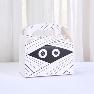 Minimalist mummy themed Halloween gift candy box with sturdy handle and 3D cartoon design