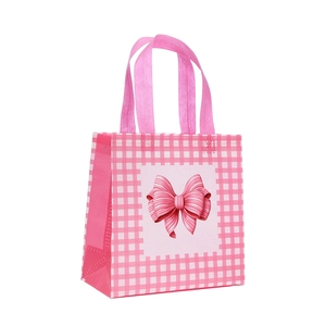 Sac shopping à carreaux roses en non-tissé avec imprimé nœud et poignées solides