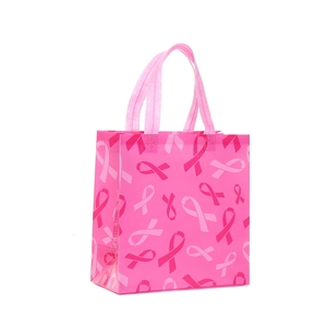 Sacchetto regalo in tessuto non tessuto con nastri rosa e manici per eventi di beneficenza