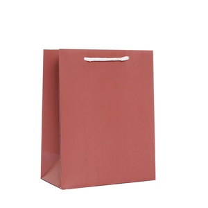 Minimalist paper gift bag in dusty rose with round white handles and wide bottom