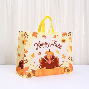 Happy Fall non-woven shopping bag featuring festive turkey, pumpkin and sunflower print