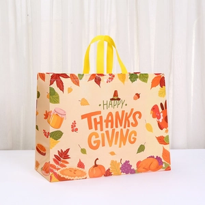 Reusable non-woven Thanksgiving gift bag with colorful pumpkin and maple leaf prints