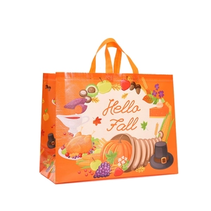 Orange non-woven shopping tote bag with Hello Fall print and autumn harvest illustrations