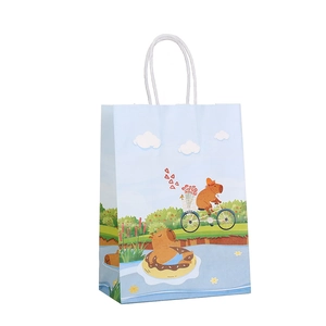 Cartoon Capybara party gift bag made of kraft paper with white twisted rope handles