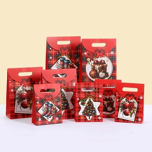 Christmas Red Black Plaid Gift Bags With Bow Tie Kraft Paper Tote Bag For Holiday Party Candy Present Packaging Bags