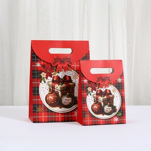 Christmas gift boxes with red plaid pattern, holiday illustrations and festive red bows