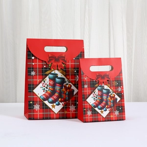 Christmas gift boxes with red plaid pattern and festive graphics in two different sizes