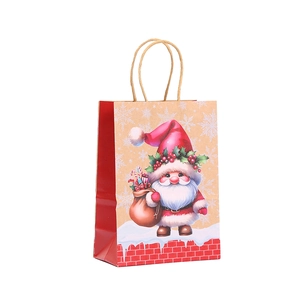 Christmas kraft paper gift bag featuring cartoon Santa Claus and red side panels
