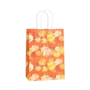 Kraft paper Thanksgiving gift bag with pumpkin patterns and orange plaid design