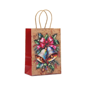 Christmas Kraft paper gift bag with festive bell print and red holiday handle