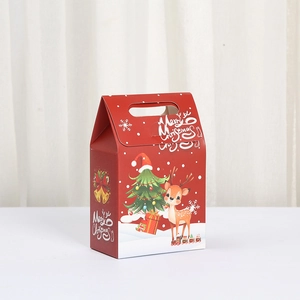 Red Christmas paper gift box with cartoon reindeer and tree prints for holiday sweets
