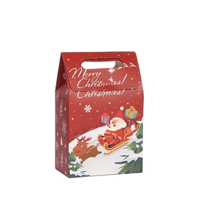 Christmas themed red gift box with Santa sleigh illustration and sturdy handle