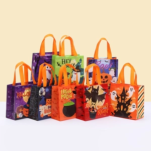 Sac Cadeau de Bonbons Halloween en Tissu Non-Tissé Imprimé Citrouille et Fantôme Dessin Animé Sac Fourre-Tout Avec Poignée pour Fête d'Halloween