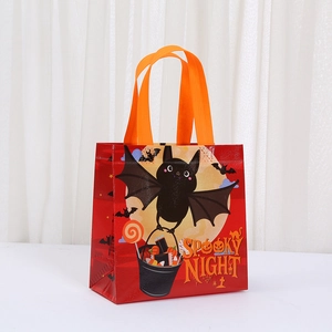 Halloween non-woven gift bag with Spooky Night prints and orange handles for party candy