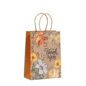 Vintage kraft paper gift bag with floral prints and Thank You text for parties