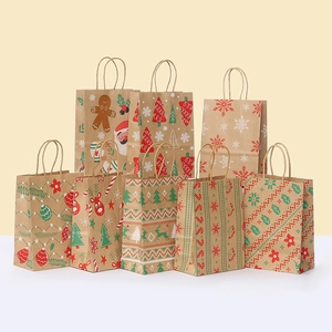 Christmas Kraft Paper Gift Bags With Handle Santa Claus Reindeer Snowflake Gingerbread Man Holiday Favor Packaging Bag