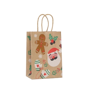 Christmas kraft paper gift bag with cute cartoon Santa and gingerbread man prints