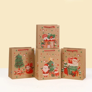 Christmas Kraft Paper Gift Bags With Handles Santa Claus Reindeer Printed Festive Candy Packaging Bags For Holiday Gift Giving