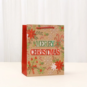 Merry Christmas kraft paper gift bag with red rope handles and festive floral prints