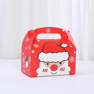 Festive red Christmas cake box with Santa Claus print and white snowflake details