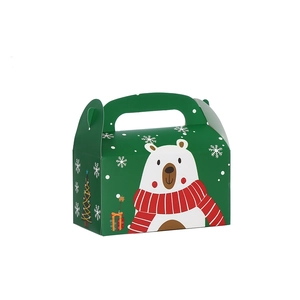 Christmas gift box with polar bear and tree print, dark green kraft paper handle bag