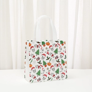 Christmas non-woven gift bag with holiday prints and handles on a white background