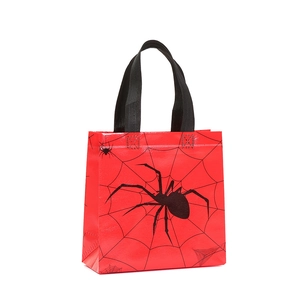 Red non-woven Halloween tote bag featuring a large black spider and web print design