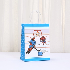 Detail view of sports-themed kraft paper gift bag with blue hockey player illustration