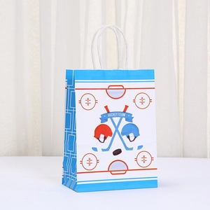 Blue and white hockey themed kraft paper gift bag with HOCKEY TEAM print and twisted handles