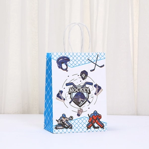Detail view of hockey themed paper gift bag with sport illustrations and blue grid patterns