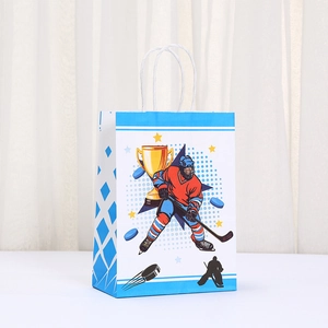 Detail of ice hockey gift bag showing athletic illustrations and white rope handles