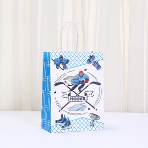 Ice hockey themed white and blue kraft paper gift bags with handles for party favors