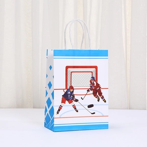Ice hockey themed kraft paper gift bag with sport illustration and woven handles