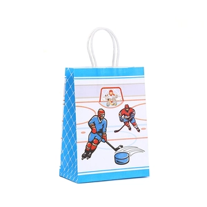 Blue kraft paper gift bag featuring dynamic ice hockey athlete illustrations with rope handles