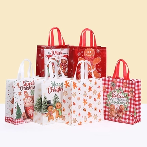 Christmas Laminated Non-Woven Gift Bag Gingerbread Man Christmas Tree Pattern Handbag For Party Holiday Favors Packaging