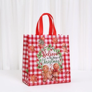 Christmas non-woven gift bag with red plaid, gingerbread man and festive wreath