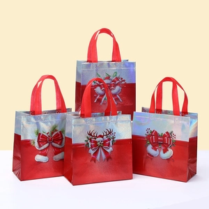 Laser Metallic Christmas Gift Bag Non-Woven Tote Bag With Red Bow Reindeer Antlers For Holiday Party Gift Wrapping