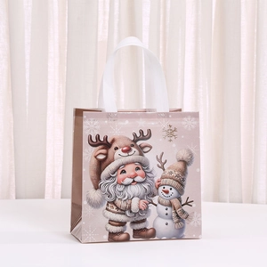 Brown non-woven Christmas gift bag featuring Santa and Snowman with white handles