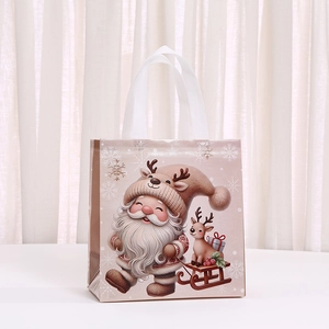 Brown Christmas non-woven gift bag with cartoon Santa and reindeer sleigh print