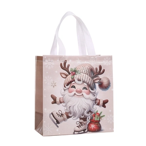Brown Christmas non-woven gift bag featuring cartoon Santa Claus with white handles