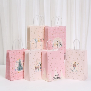 Pink Kraft Paper Christmas Gift Bags With Handles Holiday Party Favor Candy Bags For Christmas Celebration Souvenir Packaging