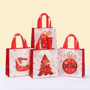 Christmas Gift Bags Laminated Non-woven Fabric Waterproof Tote Bag Cartoon Printing Sleigh Christmas Tree Pattern Holiday Party Favor Bags