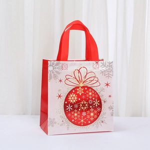 Christmas non-woven gift bag with red festive ornaments and snowflakes pattern design