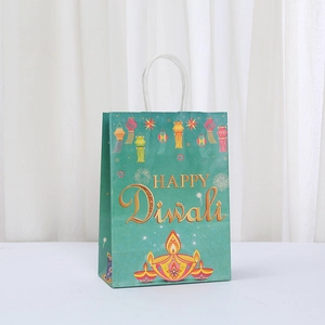 Teal Diwali paper gift bag with Happy Diwali text and traditional Diya lamp motifs
