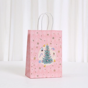 Pink Christmas kraft paper gift bag with cartoon tree prints and white rope handles